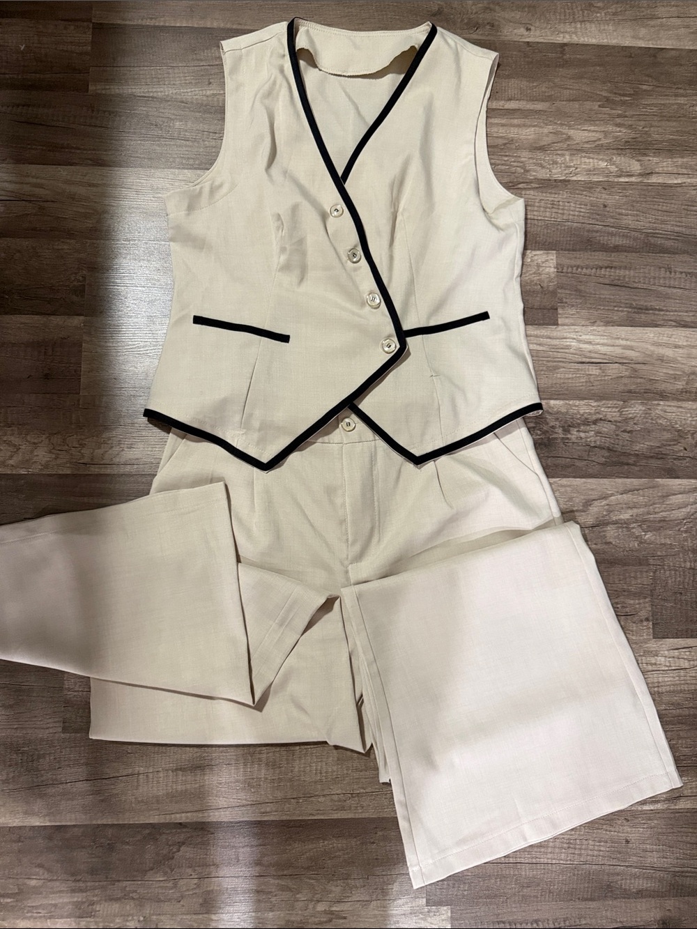 Tailored Cream Vest & Pants Set with Black Trim